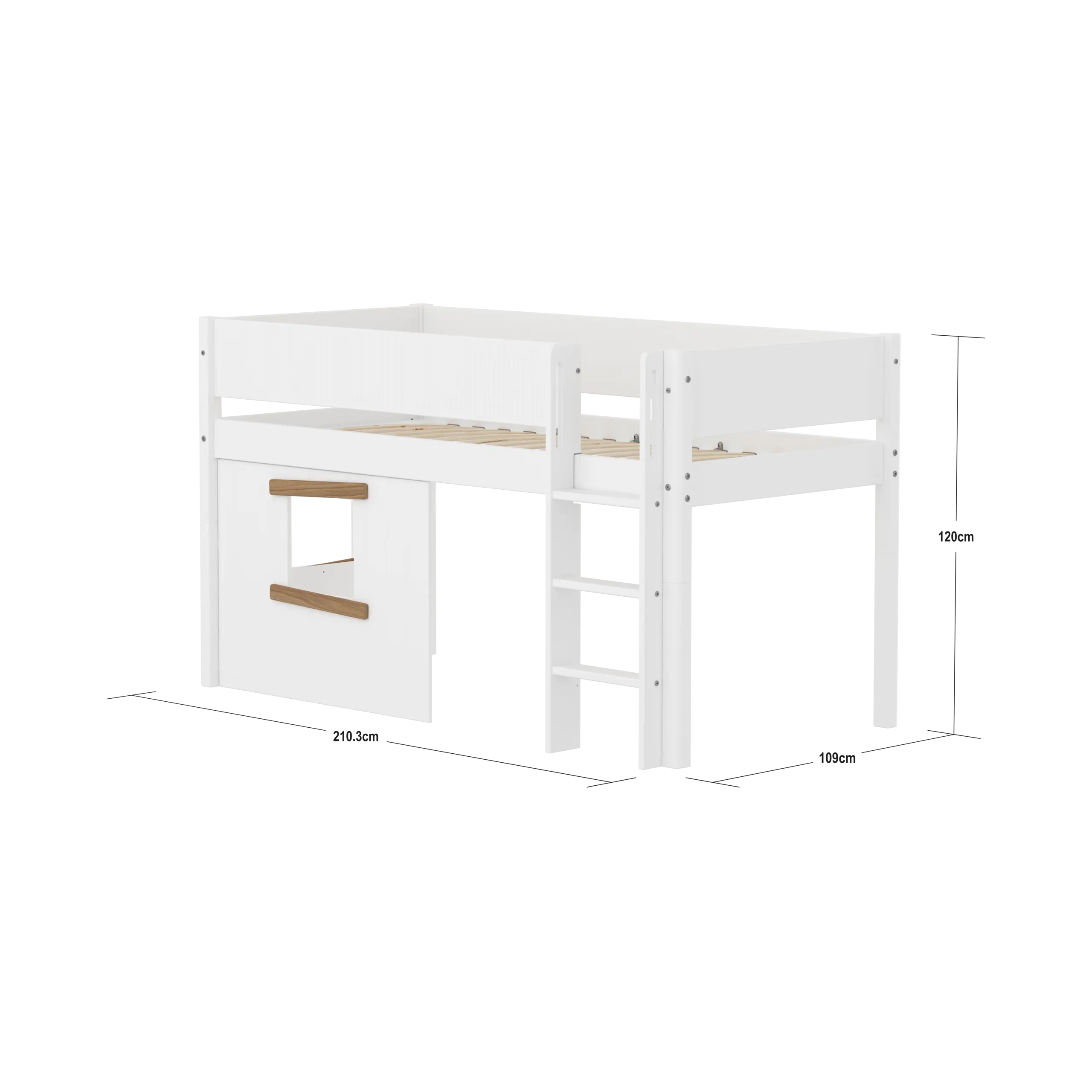 High Bed 120 cm with Treehouse, 90x200 cm, White/Oak MID_HIGH-BED mid-sleeper-white-grooves-str-ladder-tree-hut-oak-window  flexa-com.myshopify.com