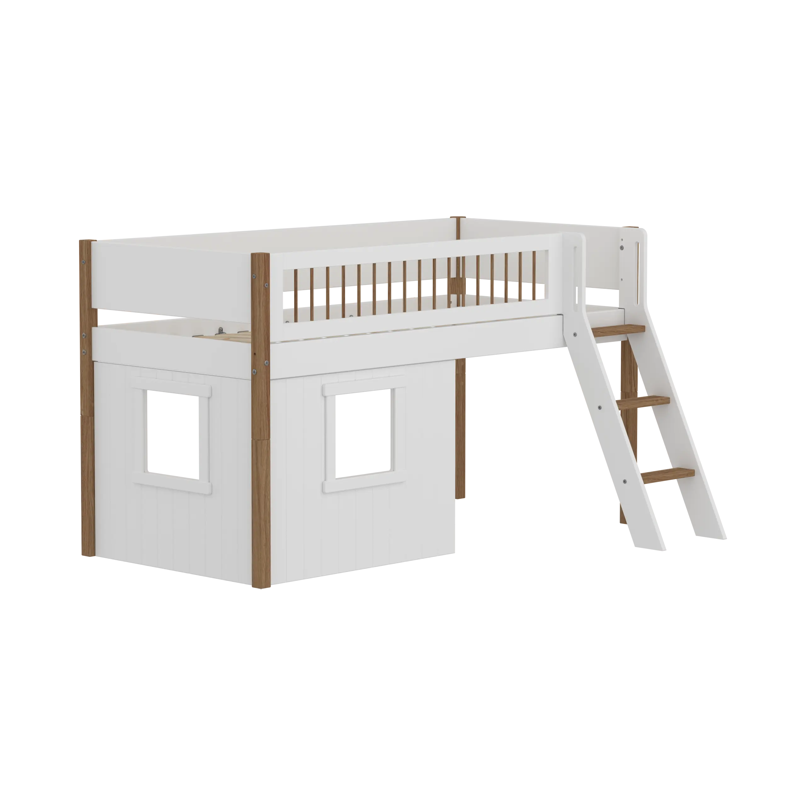High Bed 120 cm with Treehouse, Ladder and Safety Rail, 90x200 cm, White/Oak MID_HIGH-BED mid-sleeper-nor-crossbars-sl-ladder-tree-hut-wht-window  flexa-com.myshopify.com
