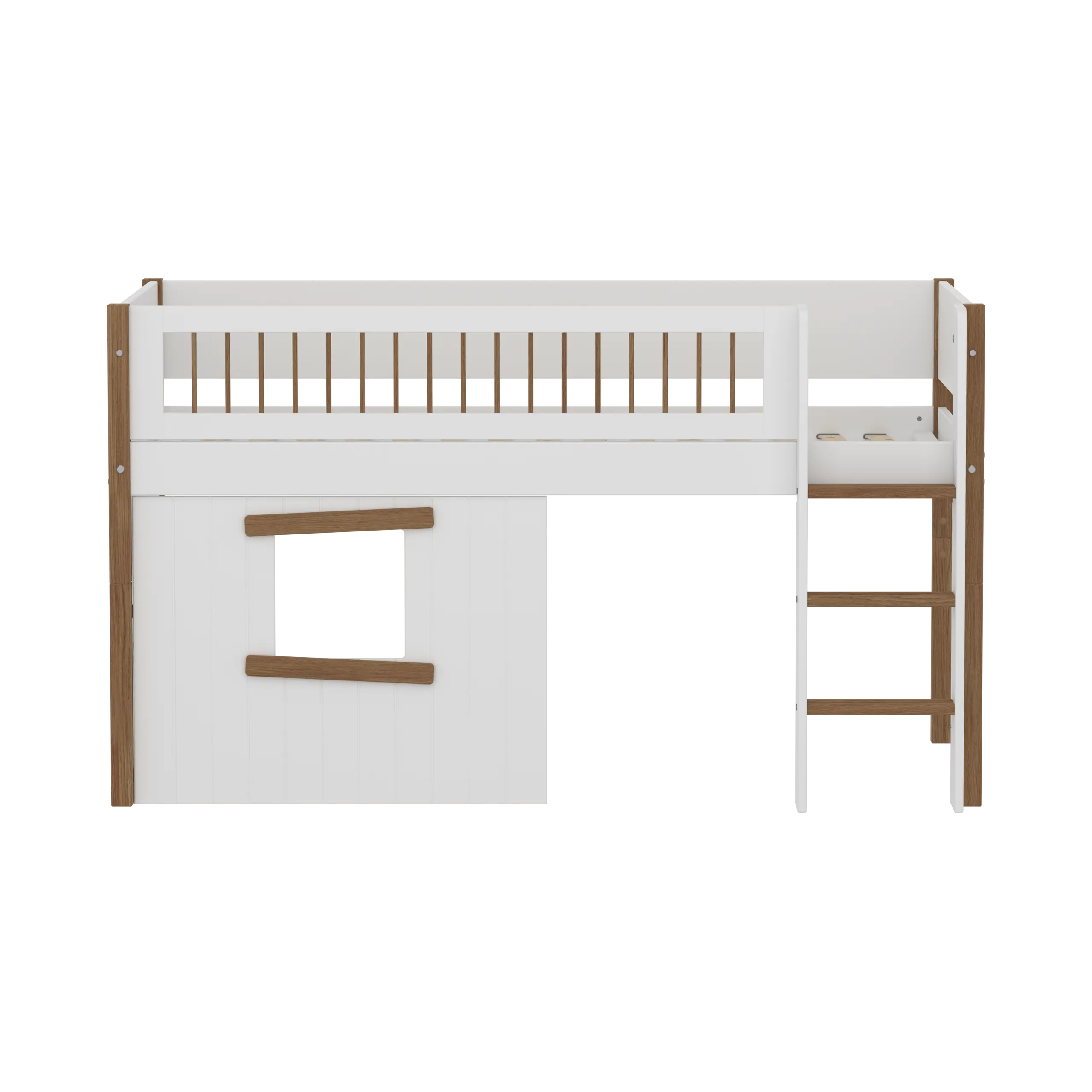 High Bed 120 cm with Treehouse, Ladder and Safety Rail, 90x200 cm, White/Oak MID_HIGH-BED mid-sleeper-nor-crossbars-str-ladder-tree-hut-oak-window  flexa-com.myshopify.com