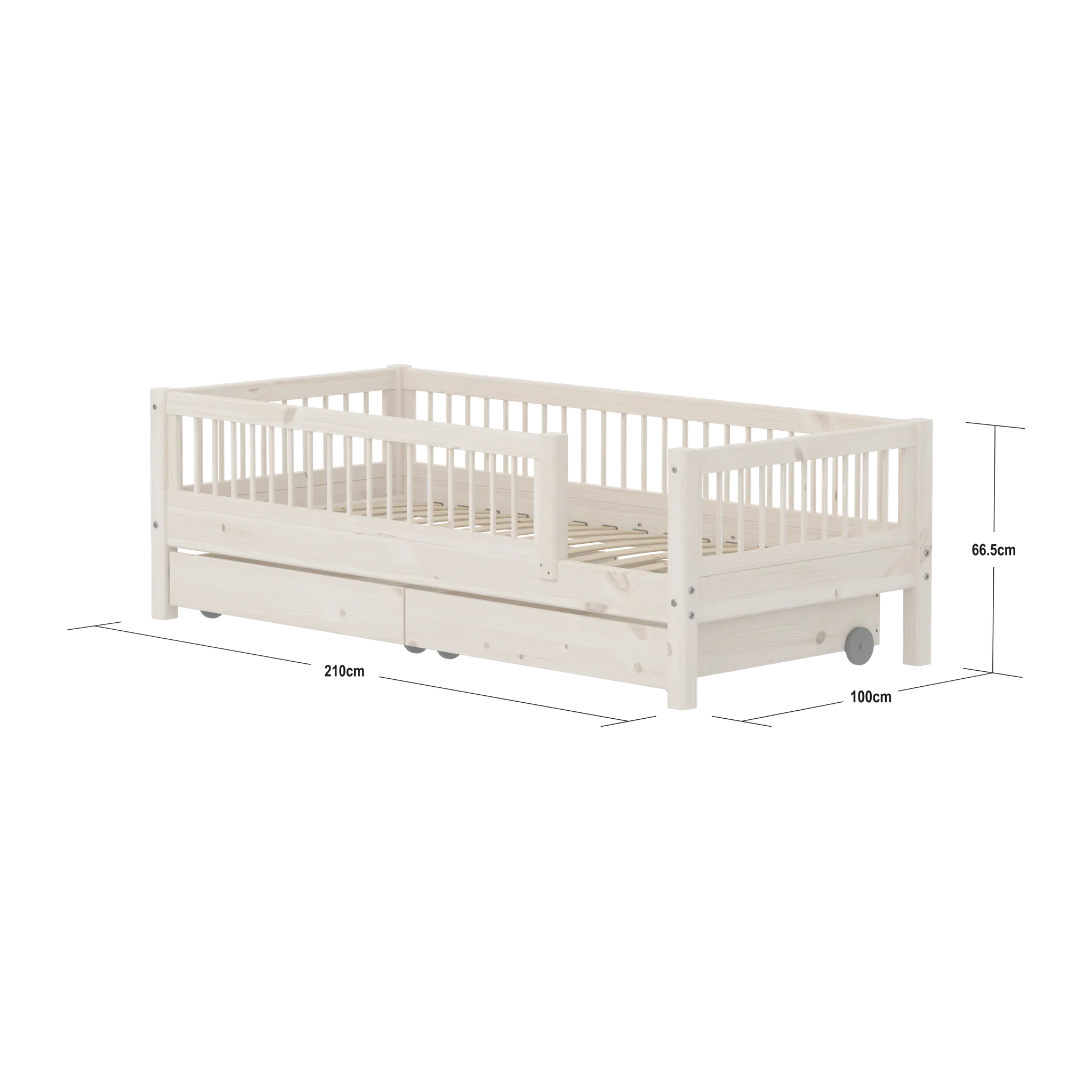 FLEXA Single Bed with Safety Rails and Storage, 90x200 cm, White, measurements