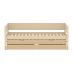 FLEXA trundle pull-out bed from CLASSIC in sand wood with 2 drawers, shown in a childs room; rounded child-safe edges.