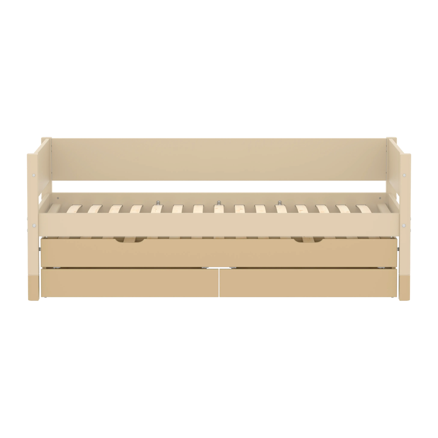 FLEXA trundle pull-out bed from CLASSIC in sand wood with 2 drawers, shown in a childs room; rounded child-safe edges.