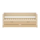 FLEXA trundle pull-out bed from CLASSIC in sand wood with 2 drawers, shown in a childs room; rounded child-safe edges.