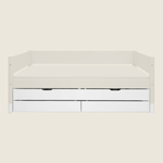 FLEXA trundle pull-out bed from CLASSIC, white wood, two storage drawers, child-safe edges, shown in a tidy kid’s room.