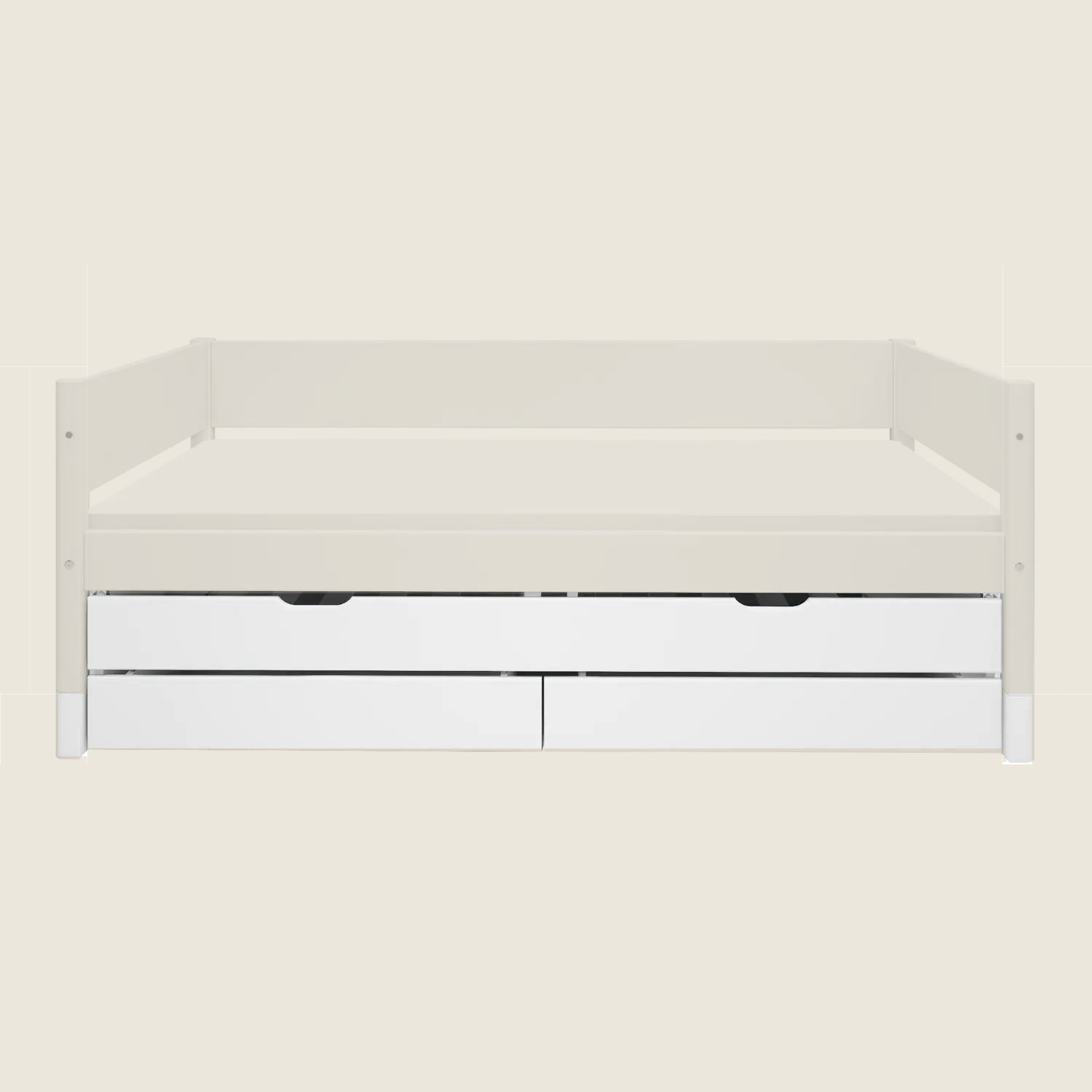 FLEXA trundle pull-out bed from CLASSIC, white wood, two storage drawers, child-safe edges, shown in a tidy kid’s room.