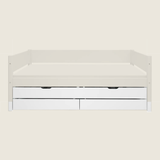 FLEXA trundle pull-out bed from CLASSIC, white wood, two storage drawers, child-safe edges, shown in a tidy kid’s room.