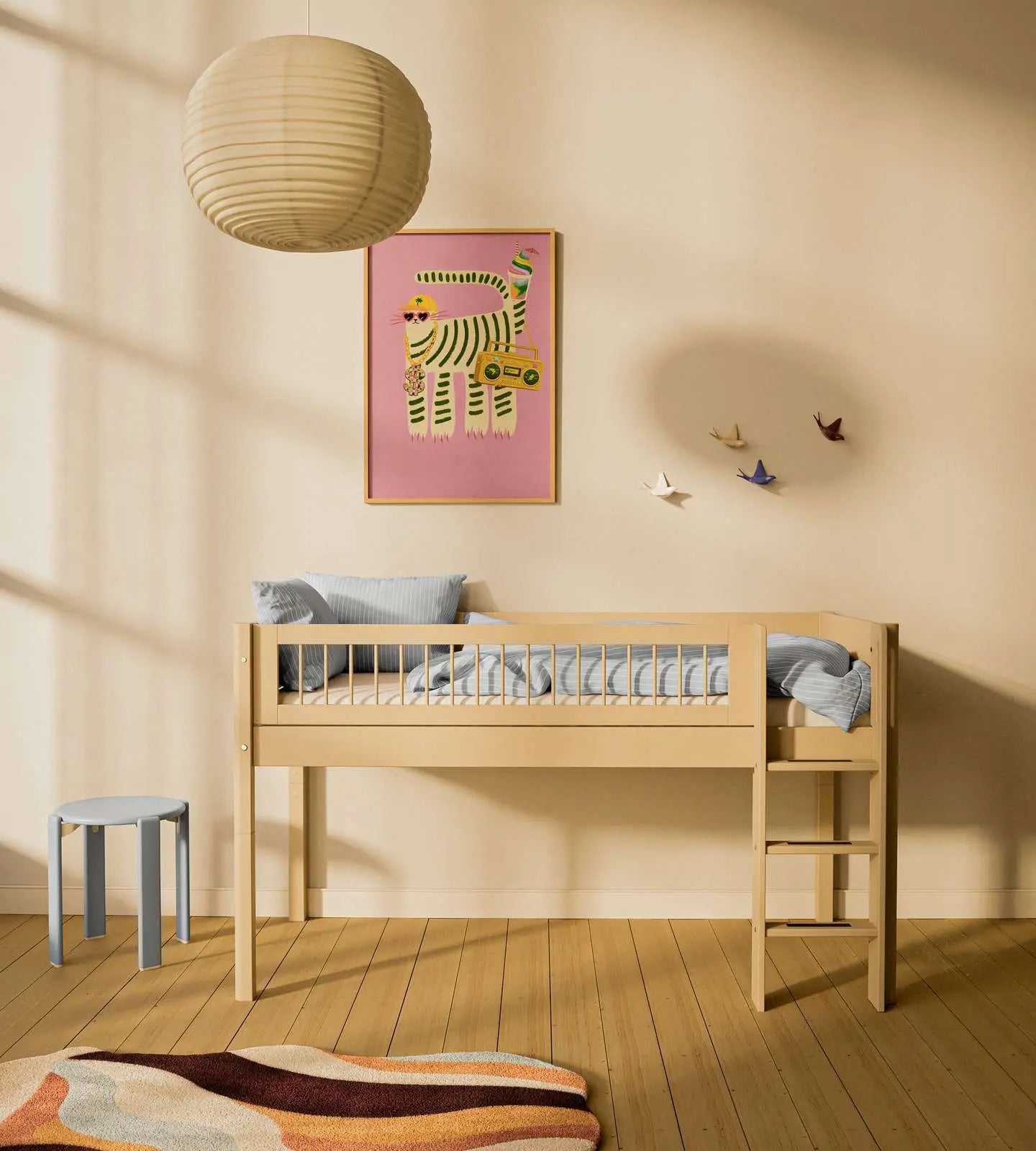 High Bed 120 cm with Ladder and Safety Rail, 90x200 cm, Sand MID_HIGH-BED 90X200 flexa-com.myshopify.com