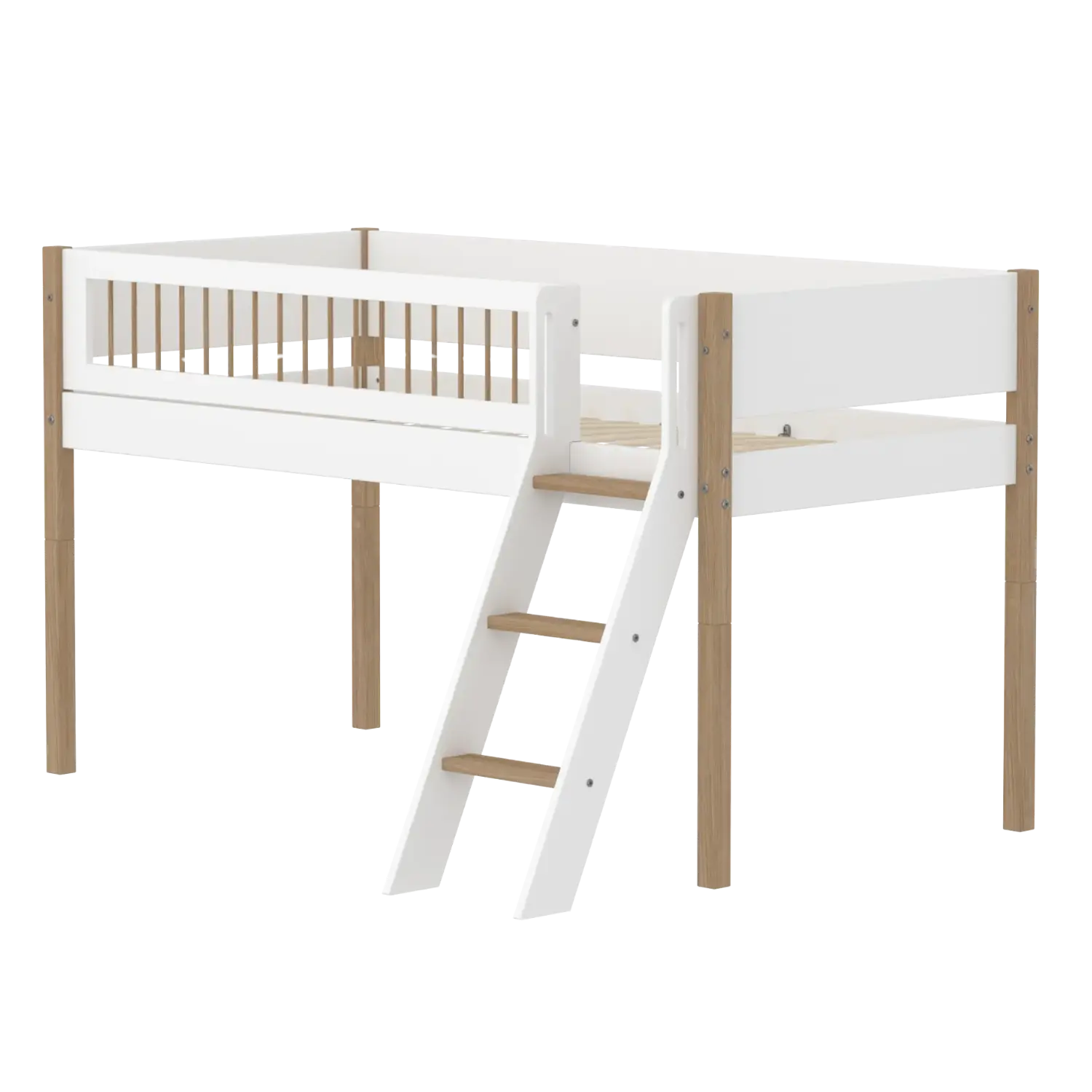High Bed 120 cm with Ladder and Safety Rail, 90x200 cm, White/Oak flexa-com.myshopify.com  MID_HIGH-BED