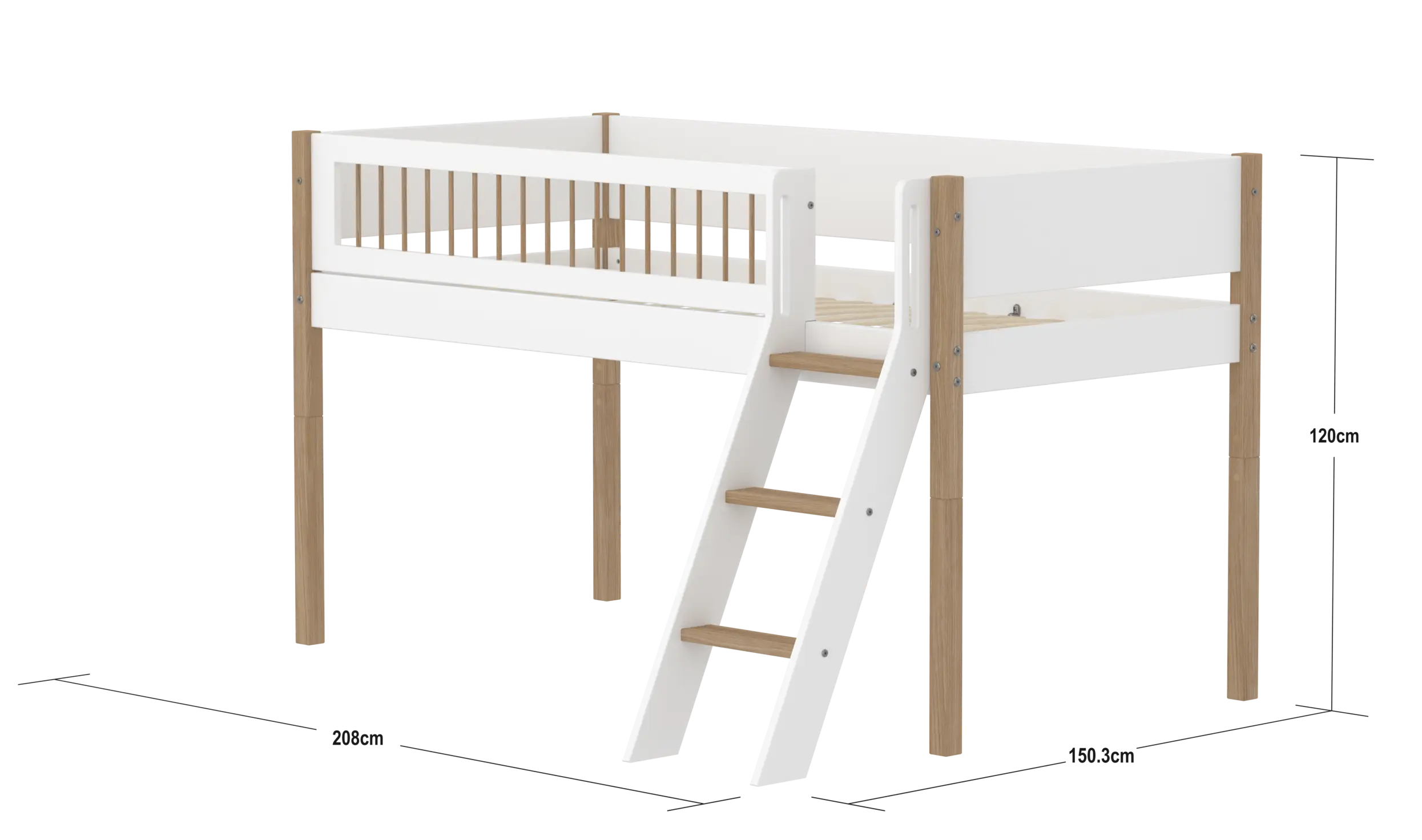 High Bed 120 cm with Ladder and Safety Rail, 90x200 cm, White/Oak MID_HIGH-BED 200 flexa-com.myshopify.com