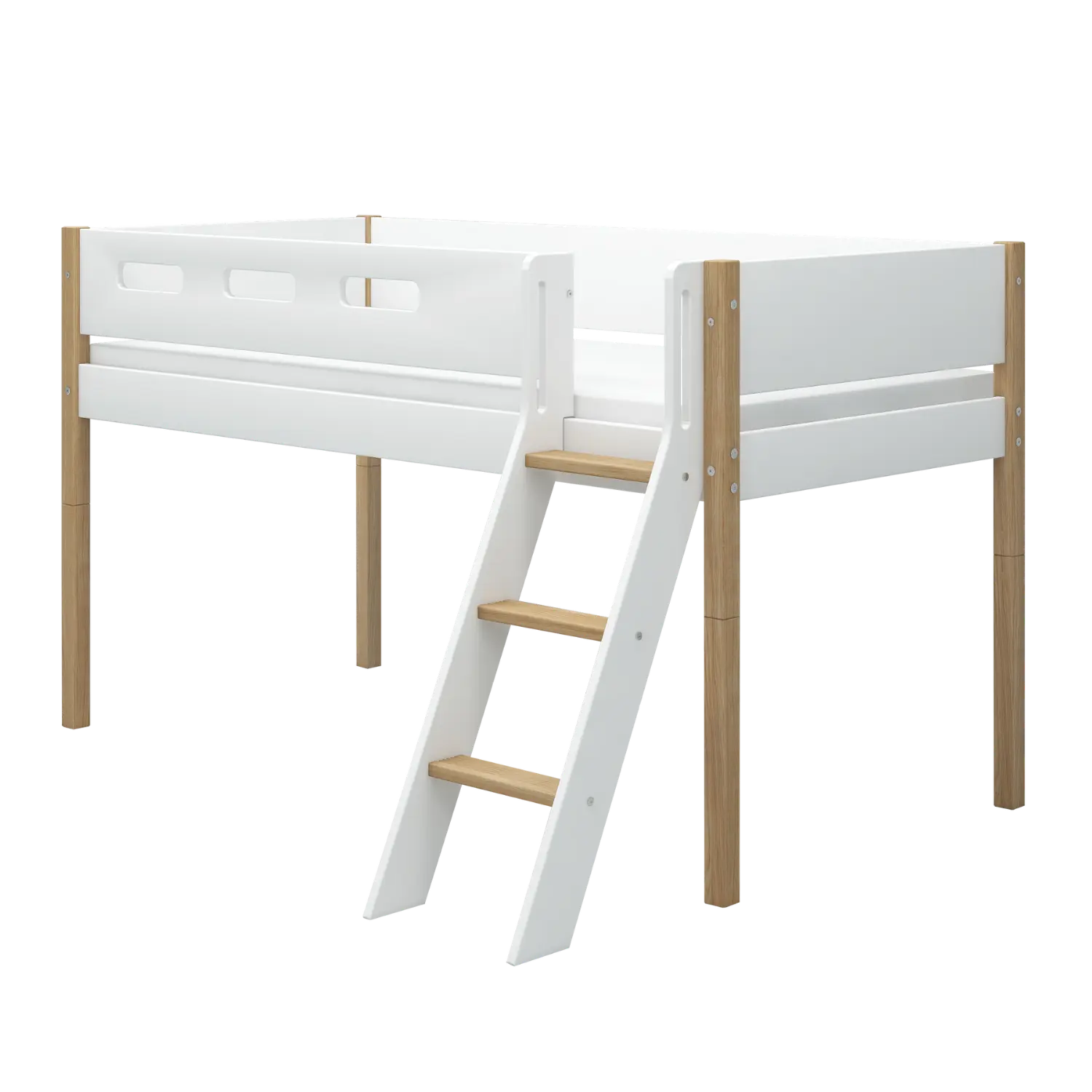 High Bed 120 cm with Ladder and Safety Rail, 90x200 cm, White/Oak MID_HIGH-BED 200 flexa-com.myshopify.com