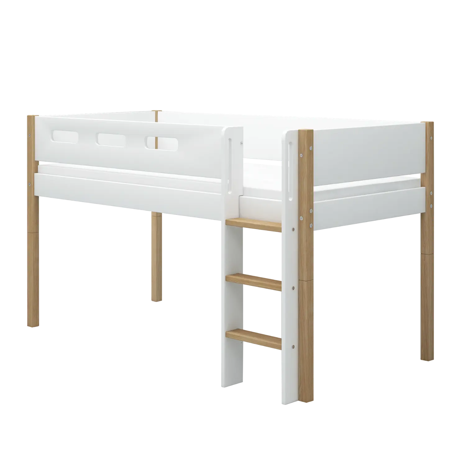 High Bed 120 cm with Ladder and Safety Rail, 90x200 cm, White/Oak MID_HIGH-BED 200 flexa-com.myshopify.com