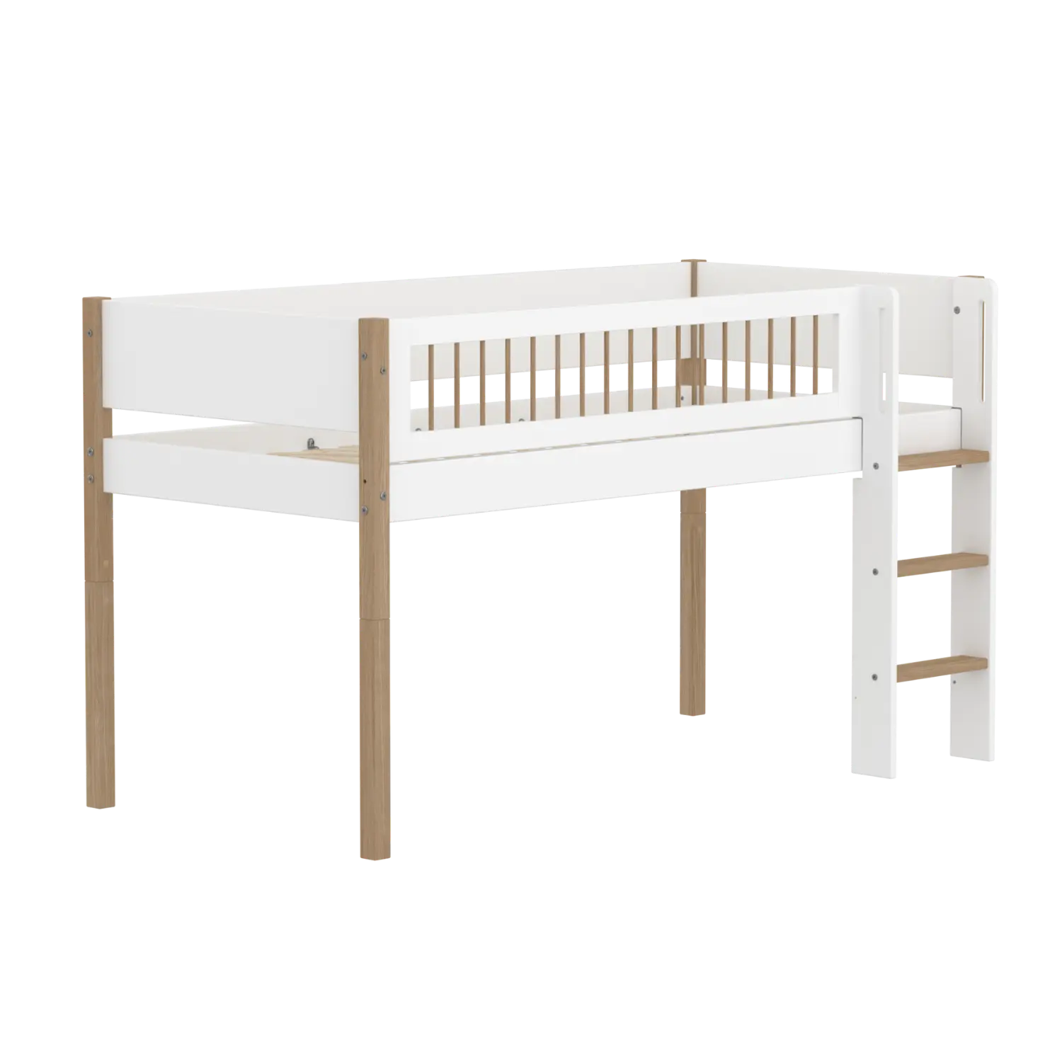 High Bed 120 cm with Ladder and Safety Rail, 90x200 cm, White/Oak MID_HIGH-BED 90X200 flexa-com.myshopify.com