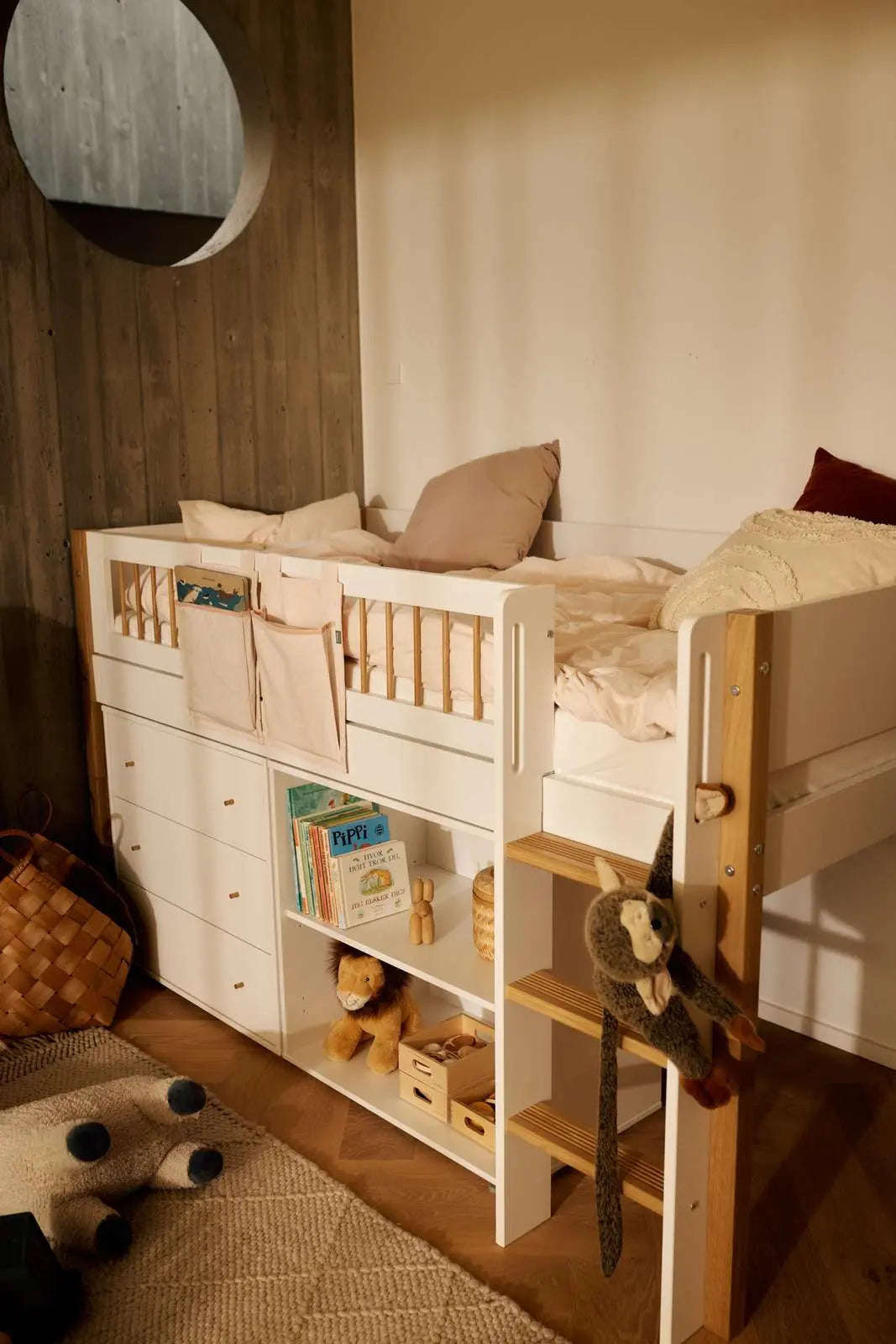 High Bed 120 cm with Ladder and Safety Rail, 90x200 cm, White/Oak MID_HIGH-BED 90X200 flexa-com.myshopify.com