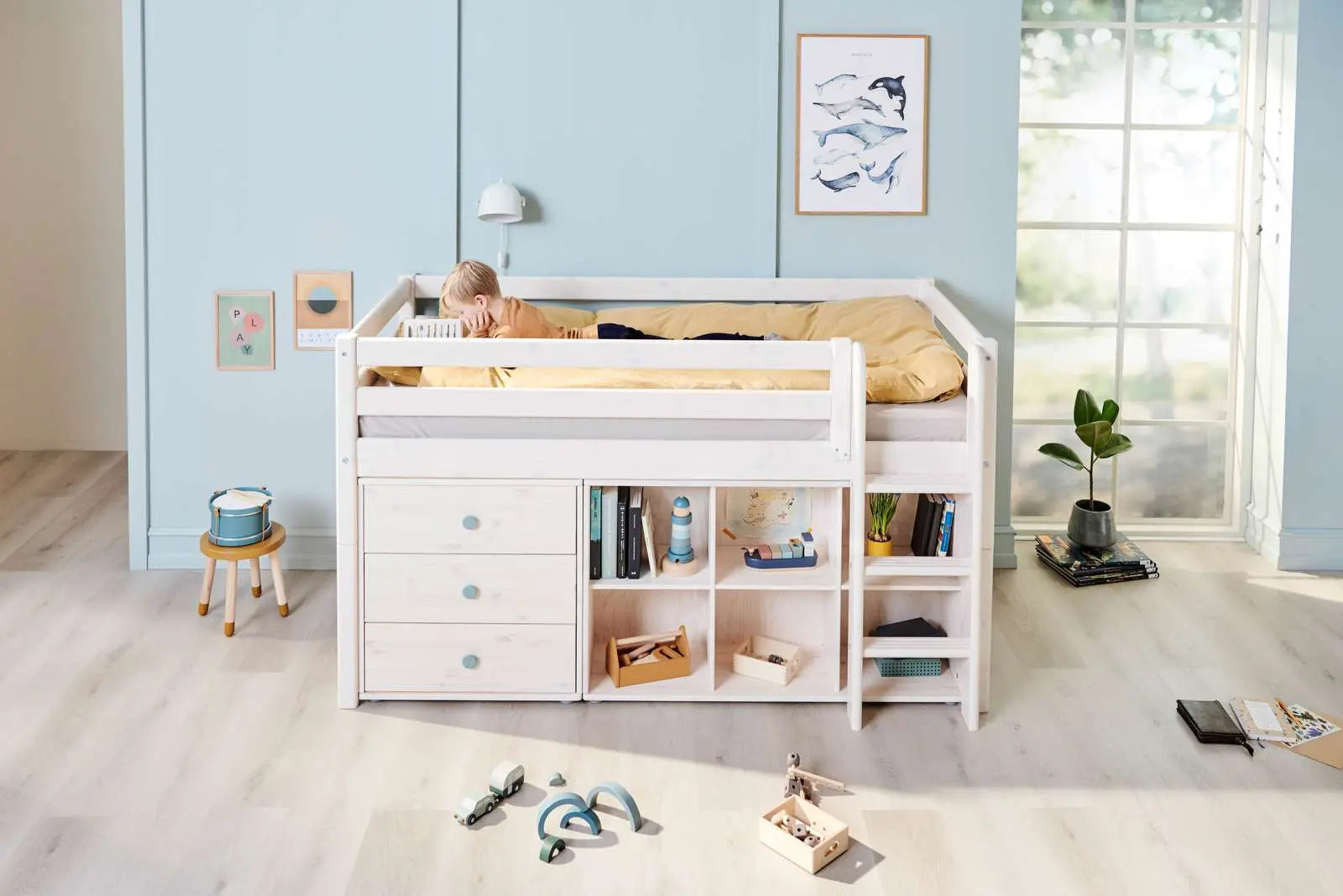 High Bed 120 cm with Safety Rail and Ladder, 90x200 cm, White MID_HIGH-BED 200 flexa-com.myshopify.com