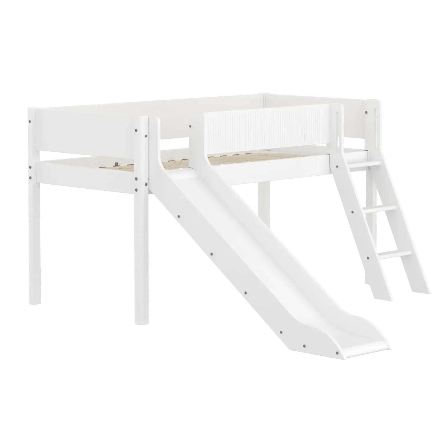 High Bed 120 cm with Slide, Ladder and Safety Rail, 90x200 cm, White FLEXA MID_HIGH-BED midslp-slide-200x90-sl-ladder-grooves-f-wht   90X200 flexa-com.myshopify.com