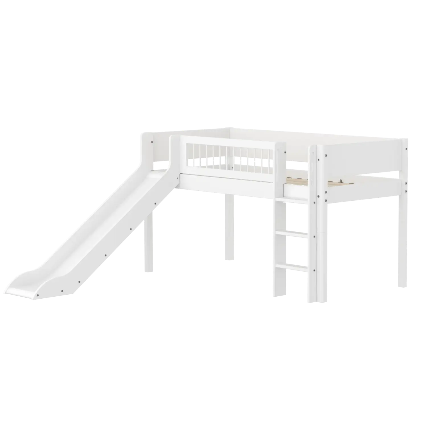 High Bed 120 cm with Slide, Ladder and Safety Rail, 90x200 cm, White FLEXA MID_HIGH-BED midslp-slide-200x90-str-ladder-crossbars-f-wht   90X200 flexa-com.myshopify.com