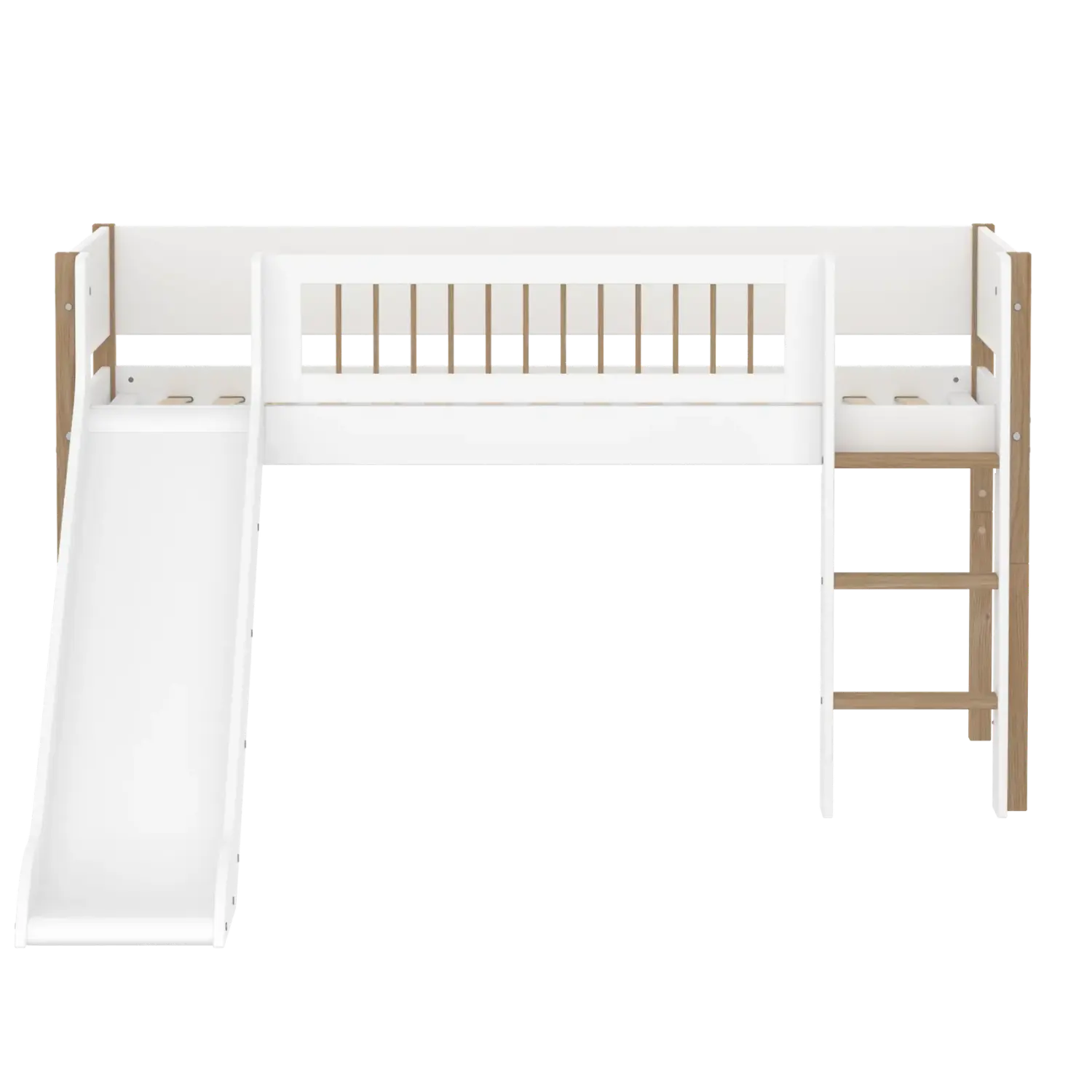 High Bed 120 cm with Slide, Ladder and Safety Rail, 90x200 cm, White/Oak FLEXA MID_HIGH-BED midslp-slide-f-wht-200x90-legs-crossbars-oak-str-ladder   90X200 flexa-com.myshopify.com