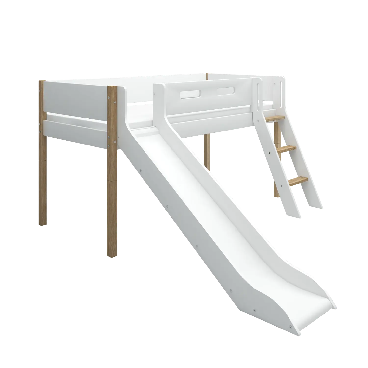 High Bed 120 cm with Slide, Ladder and Safety Rail, 90x200 cm, White/Oak MID_HIGH-BED 200 flexa-com.myshopify.com