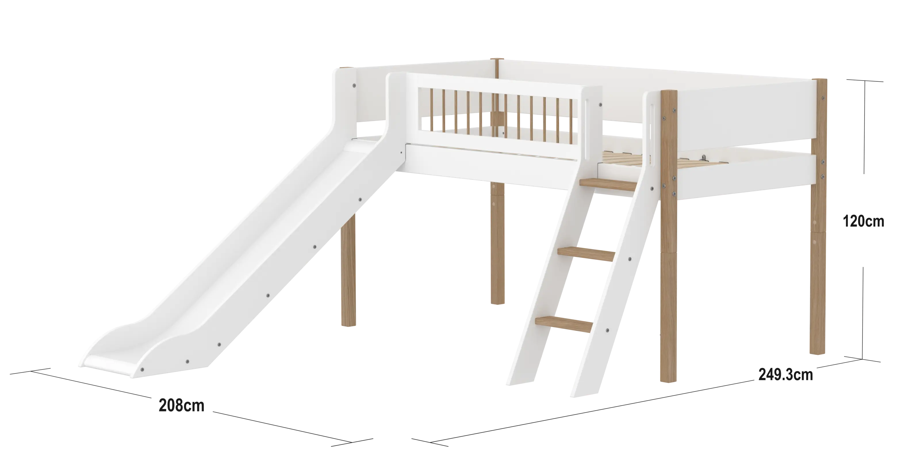 High Bed 120 cm with Slide, Ladder and Safety Rail, 90x200 cm, White/Oak MID_HIGH-BED 90X200 flexa-com.myshopify.com
