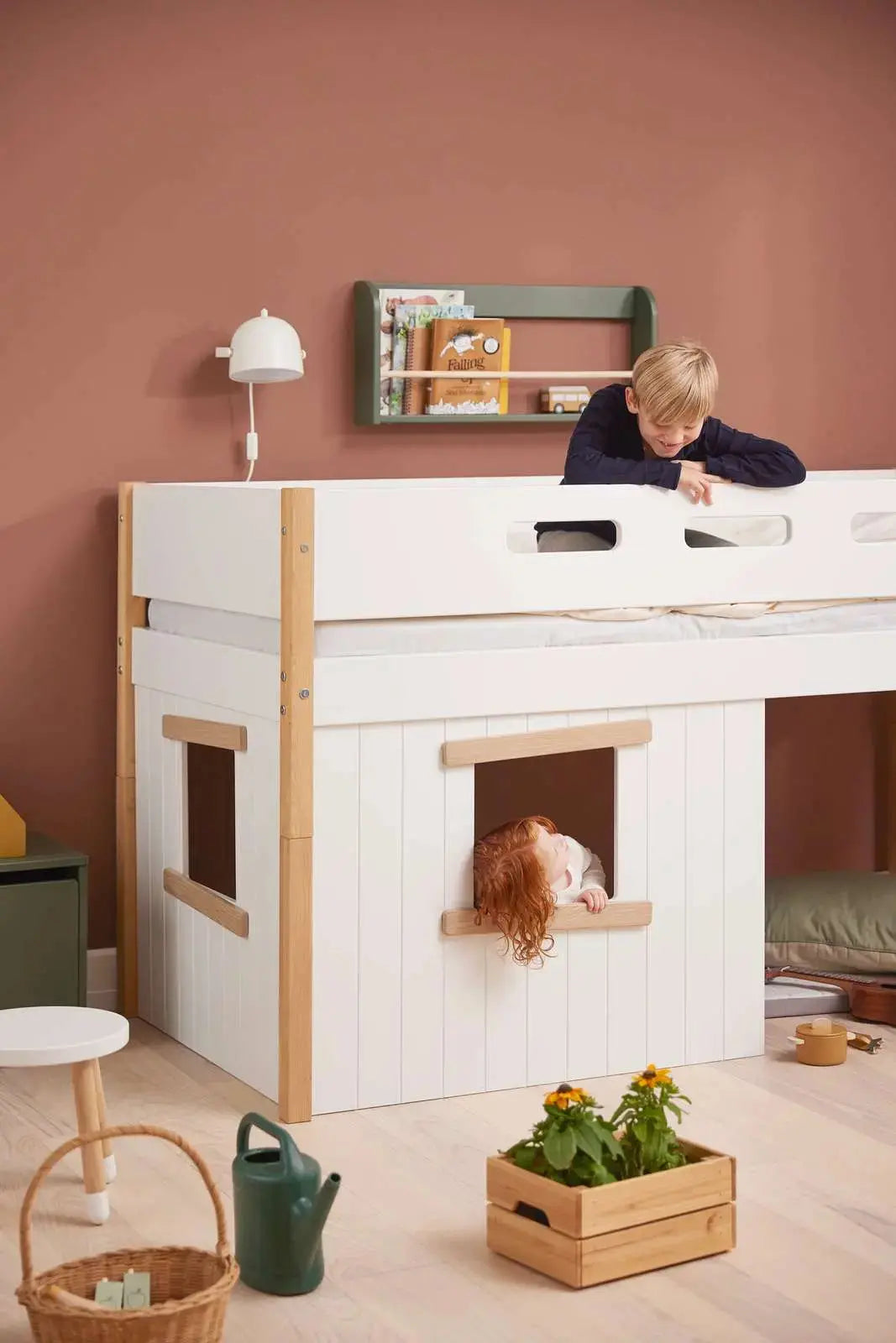 High Bed 120 cm with Treehouse, Ladder and Safety Rail, 90x200 cm, White/Oak MID_HIGH-BED 200 flexa-com.myshopify.com