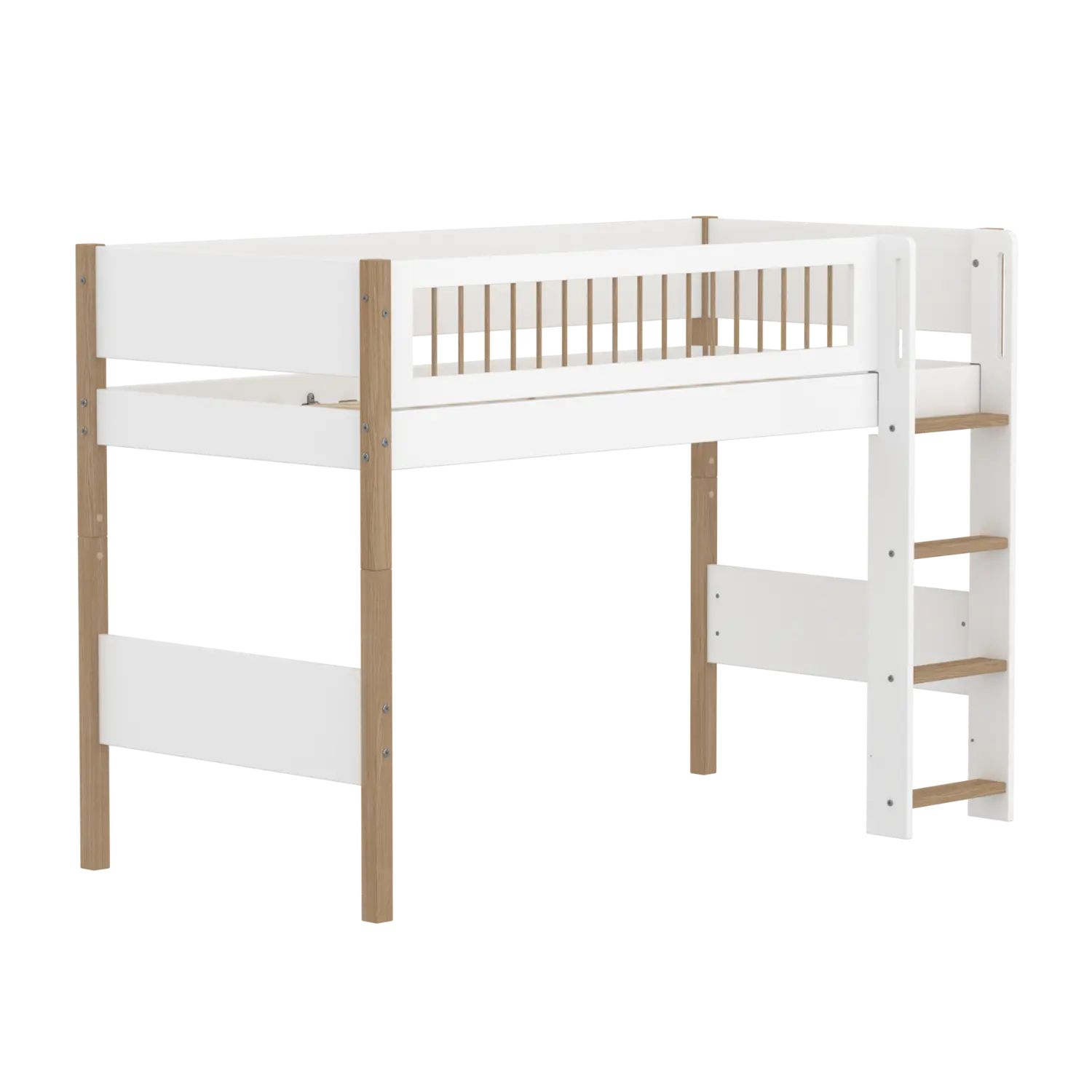 High Bed 143 cm with Ladder and Safety Rail, 90x200 cm, White/Oak SEMI_HIGH-BED 90X200 flexa-com.myshopify.com
