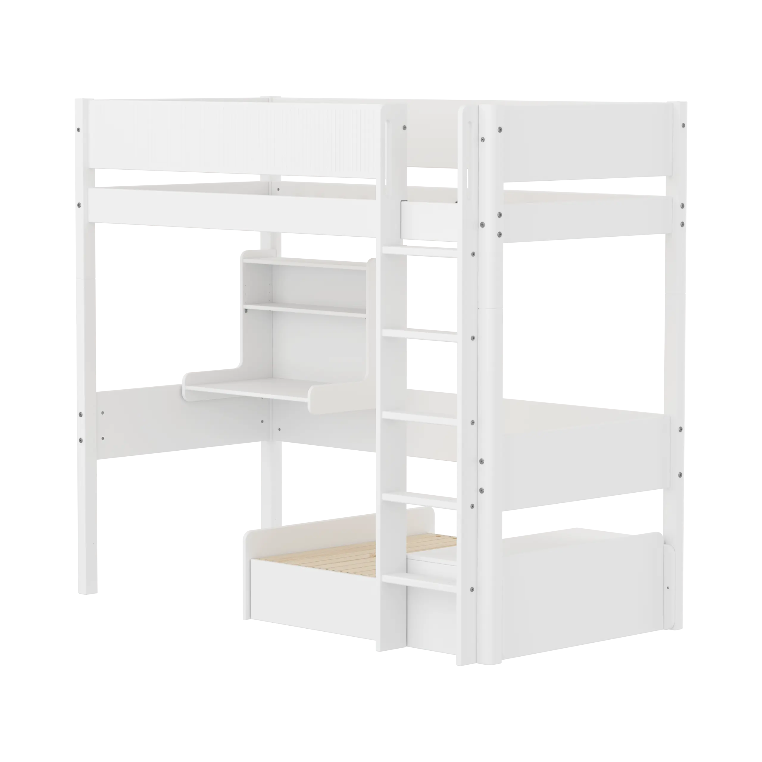 High Bed 184 cm with Sofa, Desk, Ladder and Safety Rail, 90x200 cm, White HIGHBED 90X200 flexa-com.myshopify.com