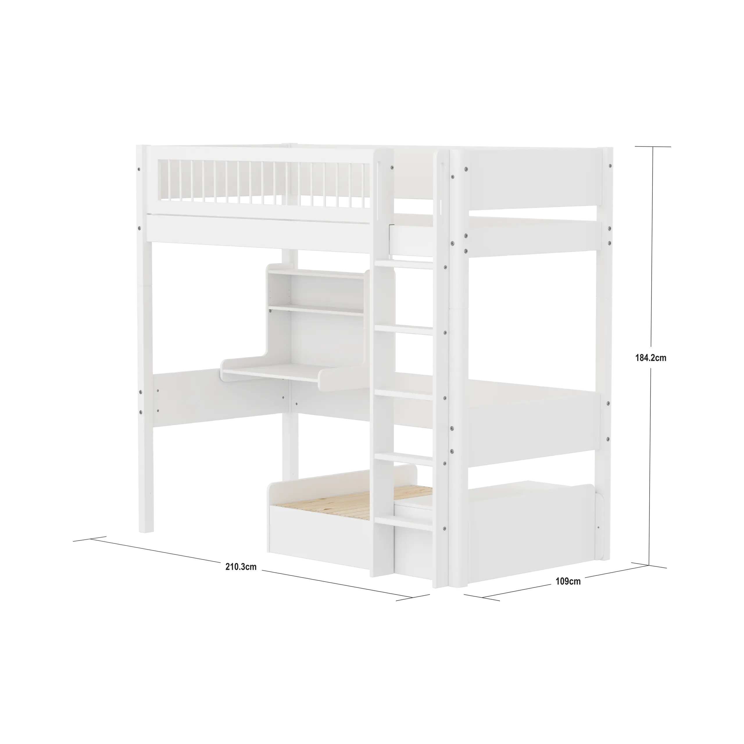 High Bed 184 cm with Sofa, Desk, Ladder and Safety Rail, 90x200 cm, White HIGHBED 90X200 flexa-com.myshopify.com
