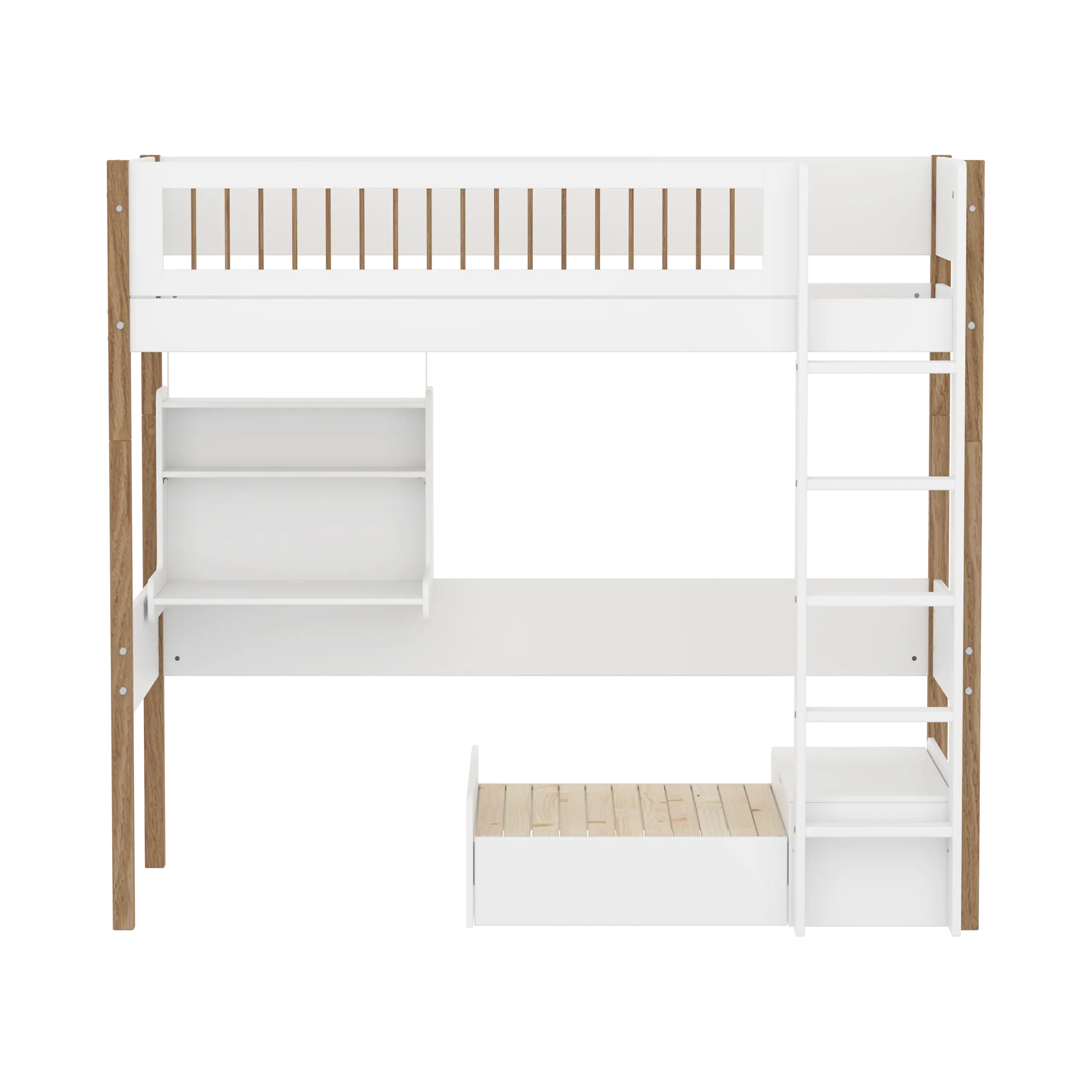 High Bed 184 cm with Sofa, Desk, Ladder and Safety Rail, 90x200 cm, White/Oak HIGHBED 90X200 flexa-com.myshopify.com