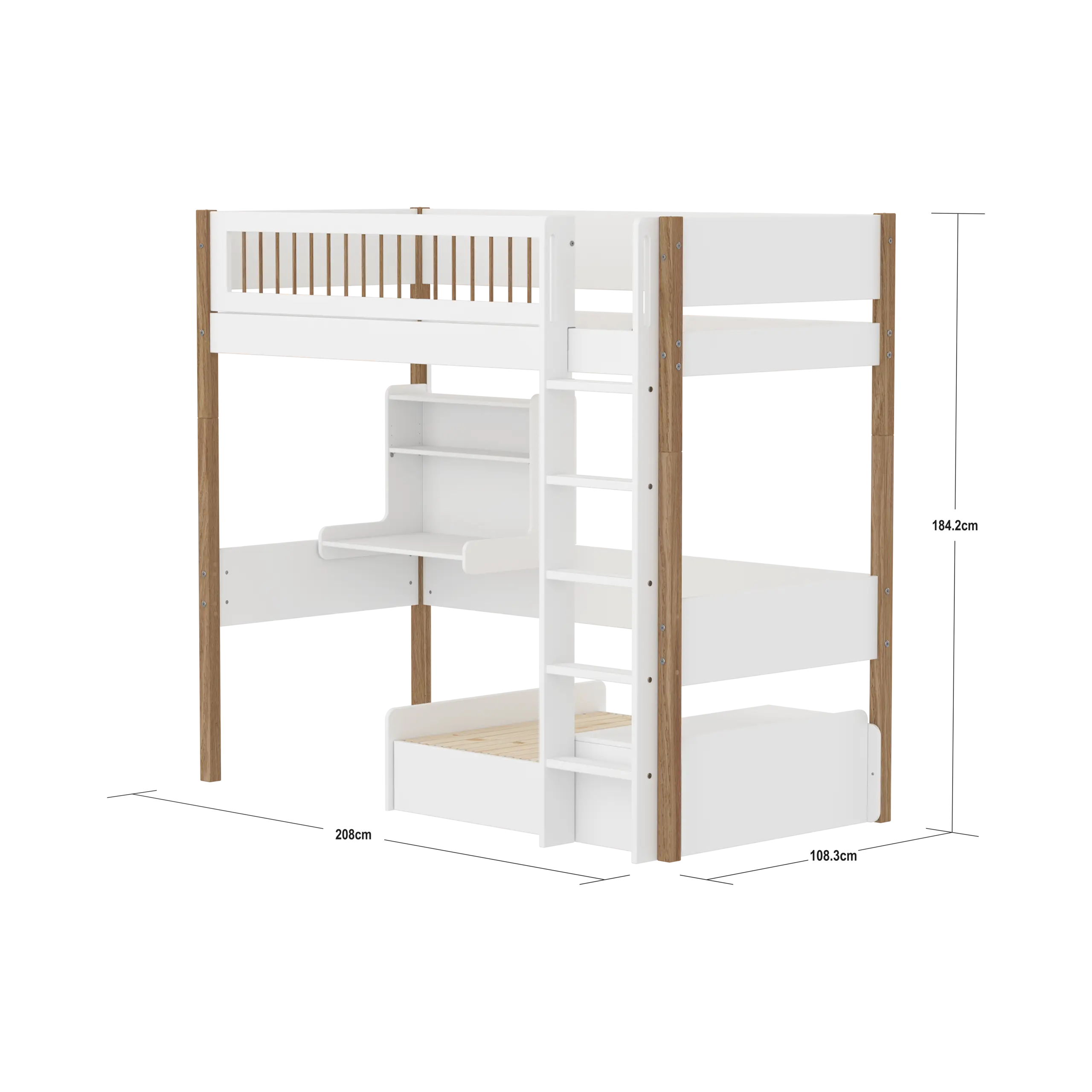 High Bed 184 cm with Sofa, Desk, Ladder and Safety Rail, 90x200 cm, White/Oak HIGHBED 90X200 flexa-com.myshopify.com